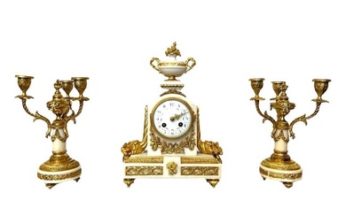 Antique French 19th Century Gilt Bronze Mantle Clock Set