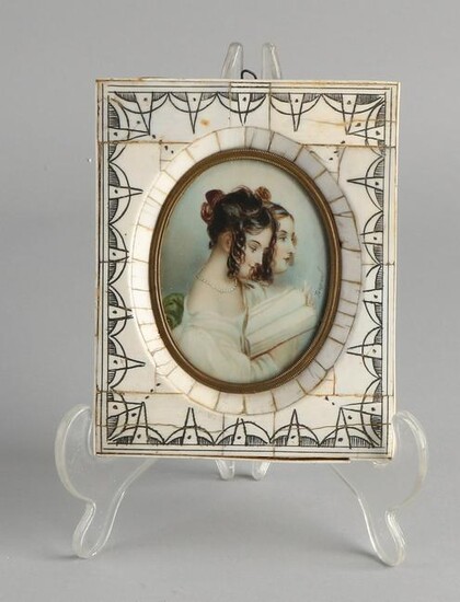 Antique French miniature painting. Two young ladies.
