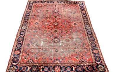Antique Hand Made Persian Mahal Oriental Carpet / Rug. Reds & Blues, 9'2" x 12'4" (Worn)