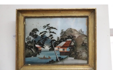 Antique Oriental school, reverse painted glass panel, approx...