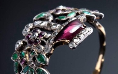 Antique YG 585 ring "Flower Basket", with emeralds, rubies and diamonds set in silver, around 1800, 2g, size 53,5