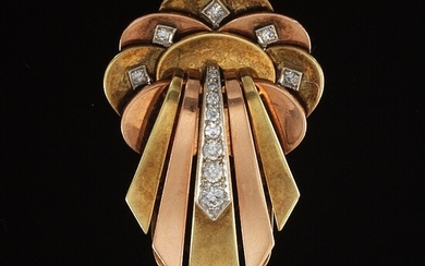 Art Deco Tri-Color Gold and Diamond Clip