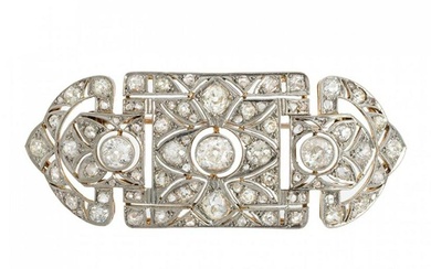 Art Deco plaque brooch, ca. 1930. In yellow gold and platinum views with diamonds. Frontispiece with