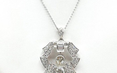 Art Deco platinum necklace and charm set with 2 antique cut diamonds 2 x +/- 1.20 ct, 4 antique cut diamonds +/- 0.25 ct, 55 8/8 cut diamonds +/- 2.20 ct and 3 baguette cut diamonds +/- 0.24 ct - 14.6 g (42.5 cm)