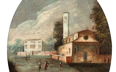 Artista veneto, XVIII secolo () Paesaggio lagunare con chiesa Olio su tela...