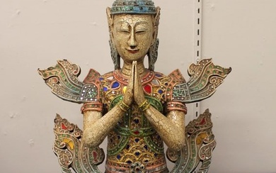 Asian Thai Bodhisattva Carved Wood Sculpture
