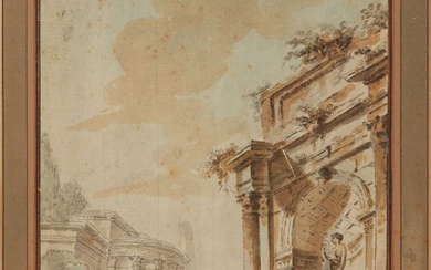 Attribué à de THOMON Thomas (Berne 1760 - 1813 Saint-Pétersbourg) Fantaisie architecturale animée Aquarelle, plume...