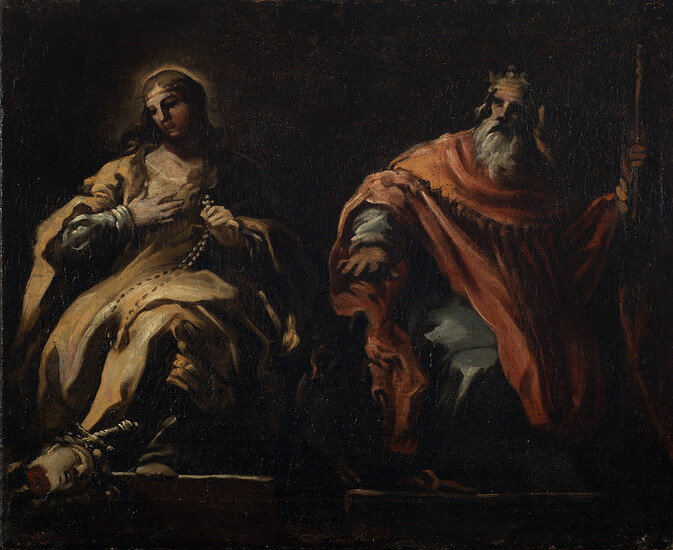 Attributed to Luca Giordano (Naples, 1634 - 1705), Salomé and Herod in front of the Head of Saint John the Baptist