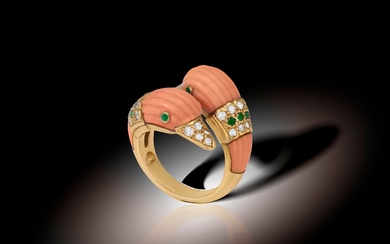 A COLLECTIBLE CORAL, EMERALD AND DIAMOND RING, BY VAN CLEEF & ARPELS, CIRCA 1970 Of...