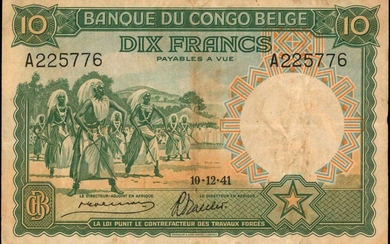 BELGIAN CONGO. Banque du Congo Belge. 10 Francs, 1941. P-14. Fine.