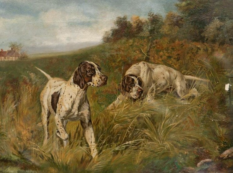 BRITISH SCHOOL (20TH CENTURY) PAIR OF HUNTING DOGS IN THE FIELD