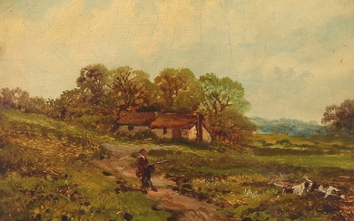 Benjamin Williams Leader: Hunting scene with hunter and two dogs in front of a cottage. Signed B.W. Leader. Oil on plate. 18.5×26 cm.