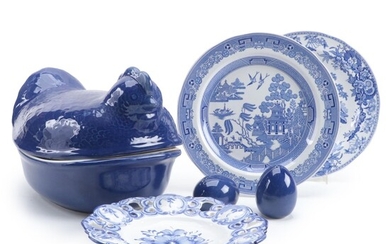 Blue Taylor & NG Chicken Tureen, Salt and Pepper with Spode and Other Plates