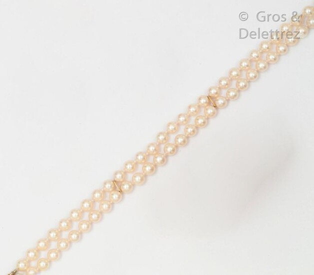 Bracelet composed of two rows of cultured pearls. Yellow gold ratchet clasp. Diameter of the pearls: about 6.5 mm. Length: 20.5cm. Gross weight: 24.1g.