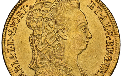 Brazil: , Maria I gold 6400 Reis 1790-R AU58 NGC,...