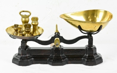 British Black Balance Scale With Brass Bell Weights