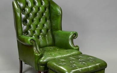 British Green Leather Wing Back Chair & Stool