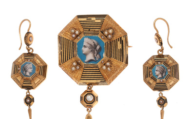 Brooch and earrings, probably French, from the third quarter of the 19th century.
