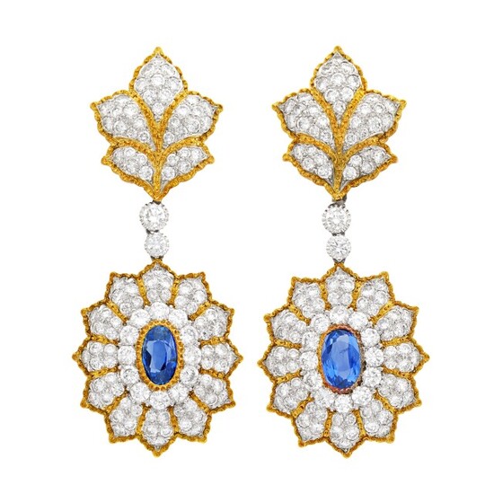 Buccellati Pair of Two-Color Gold, Sapphire and Diamond Pendant-Earclips