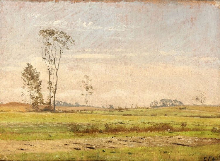 C. F. Aagaard: Landscape with tall trees in a field. Signed C. F. A. Oil on canvas laid on canvas. 30.5×42 cm.
