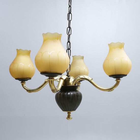 CEILING LAMP, brass, glass, 20th century. Diameter about 64 cm.