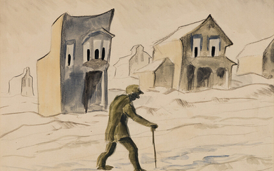 CHARLES BURCHFIELD Man Walking with a Cane outside Gazing Houses. Watercolor and black...