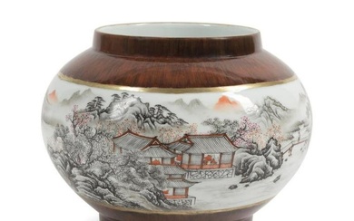 CHINESE ENAMELED LANDSCAPE AND FAUX BOIS POT