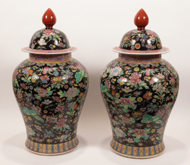 CHINESE FAMILLE NOIRE PORCELAIN COVERED JARS, PAIR, H 28", DIA 15"