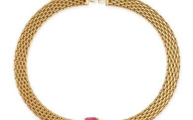 CHRISTIAN DIOR VINTAGE CHAIN MAIL NECKLACE in gold toned metal. Pink and white faux gemstone deta...