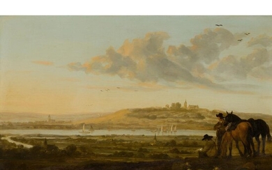 CIRCLE OF AELBERT CUYP (DUTCH 1620-1691) EXTENSIVE RIVER LANDSCAPE WITH RIDERS OVERLOOKING A TOWN