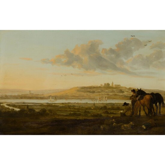 CIRCLE OF AELBERT CUYP (DUTCH 1620-1691) EXTENSIVE RIVER LANDSCAPE WITH RIDERS OVERLOOKING A TOWN