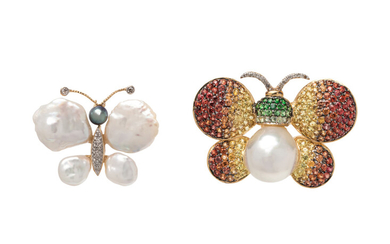 COLLECTION OF PEARL AND DIAMOND BUTTERFLY PENDANT/BROOCHES