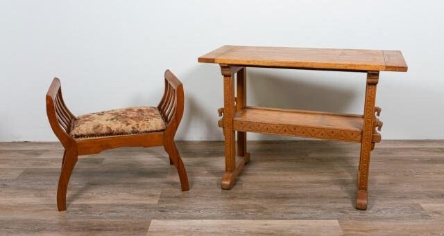 Carved Side Table and Caned Bench Seat