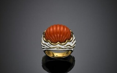 Carved orange coral and white enamel yellow gold ring