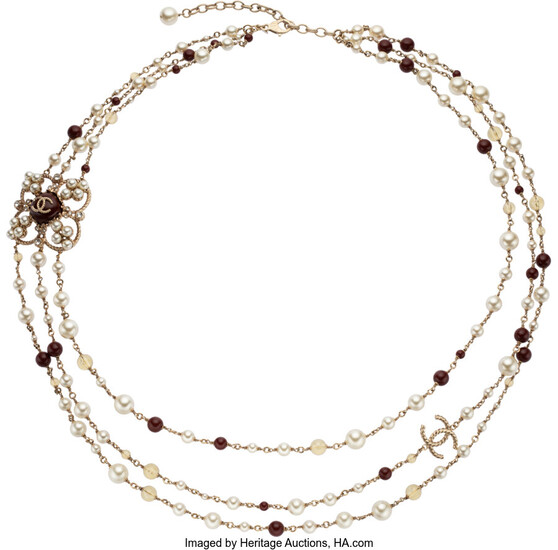 Chanel Burgundy Stone, Pearl, & Crystal Three Strand Necklace...