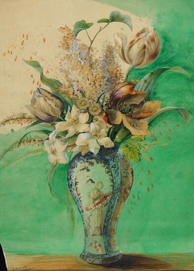Charles Gaudelet, French, late 19th/early 20th century- Flowers in a vase; watercolour and bodycolour on card, signed '...s Gaudelet' lower left (first section missing), 50 x 35 cm.: British School, early 20th century- Reclining nude; oil on...