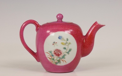 China, a famille rose sgraffito pink-ground porcelain teapot and cover, 20th century