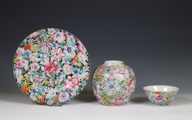 China, a small collection of famille rose 'millefleurs' porcelain, late 19th century
