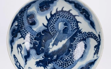 Chinese Blue & White Porcelain Dragon Bowl