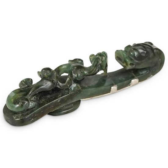 Chinese Carved Spinach Jade and Silver Belt Buckle