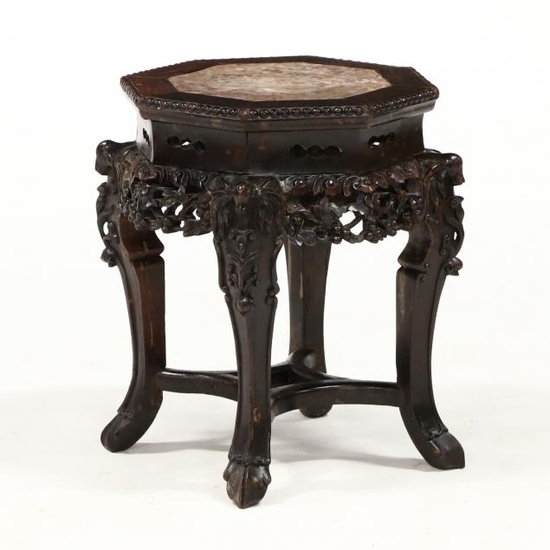 Chinese Carved Wood Marble Top Low Table