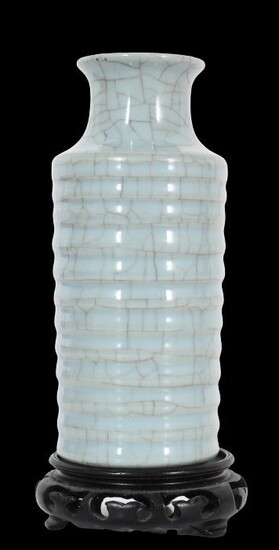 Chinese Celadon Glazed Crackleware Vase & Base