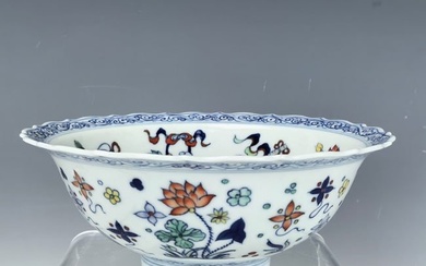 Chinese Doucai Porcelain Enameled Floral Bowl with 8 Immortals