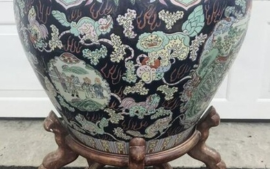 Chinese Hand Painted Famille Noir Fish Bowl Stand