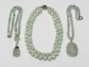 Chinese Jade Bead Necklaces w Carved Pendants, 3