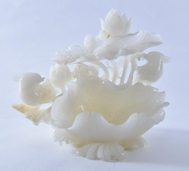 Chinese White Jade Sculpture of Lotus and Birds 7 x 10