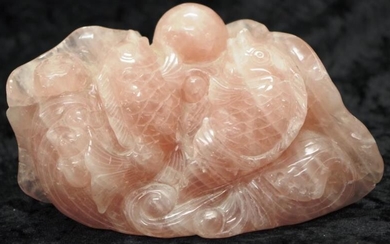 Chinese carved rose quartz Fish decorated piece carved Fish...