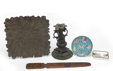 Chinese wood and metalware including a page turner, two cloi...