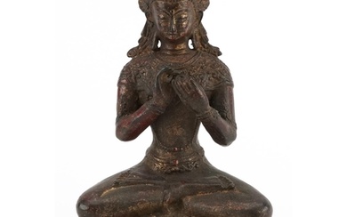 Chino Tibetan gilt bronze figure of seated Buddha, 20.5cm hi...