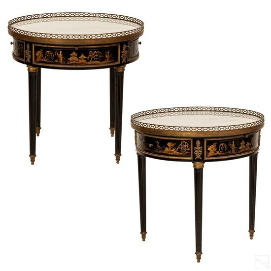 Chinoiserie Pair Marble Top Bouillotte Side Tables